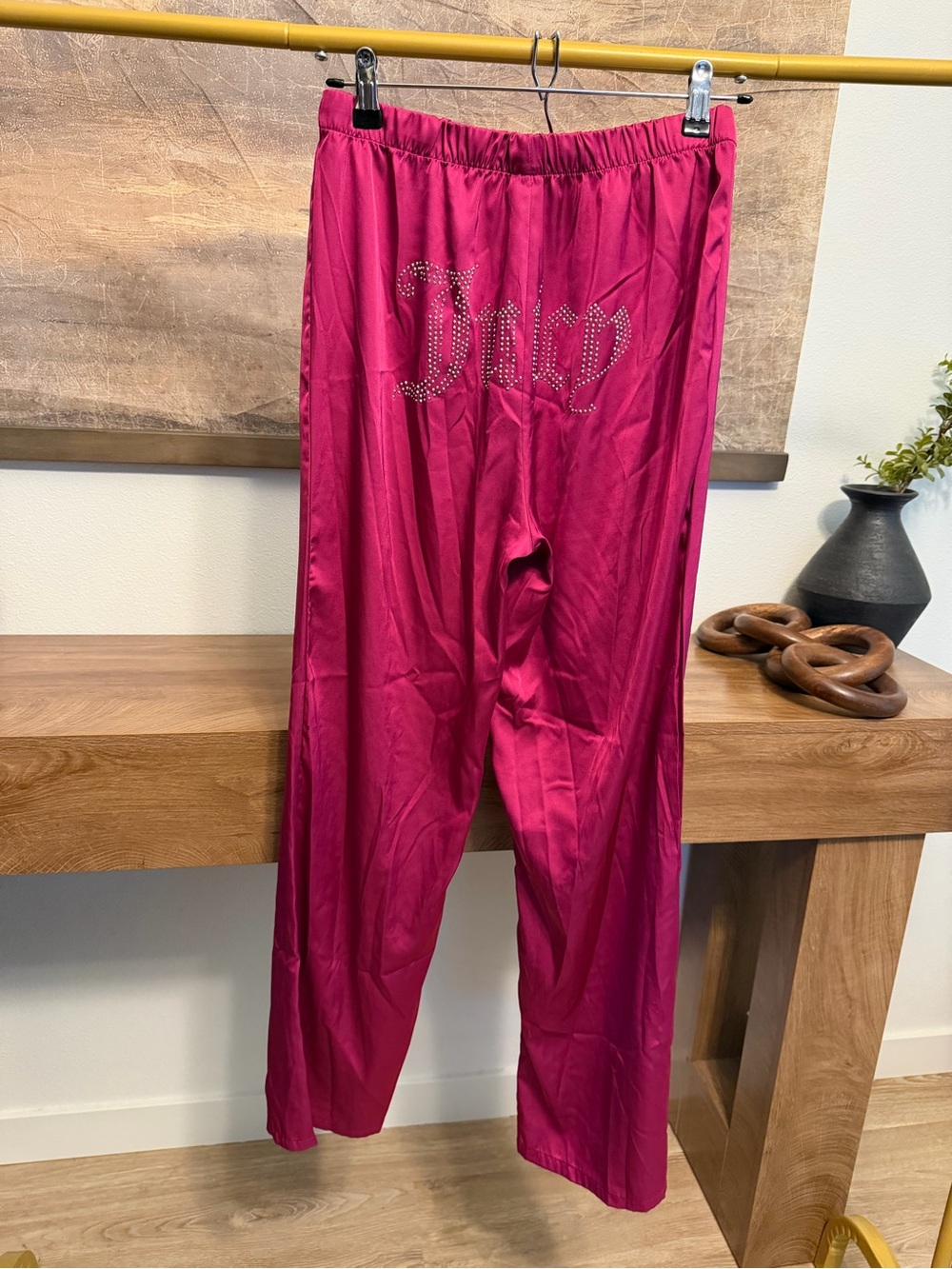Juicy Couture pink satin pajama pants with rhinestone logo, size S